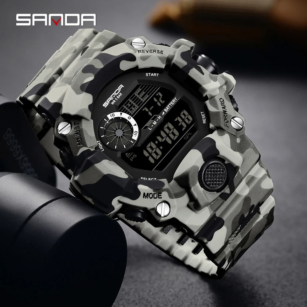 SANDA 2183 ساعة إلكترونية للرجال رياضية متعددة الوظائف مقاومة للماء LED عرض مزدوج ساعة رقمية إلكترونية للرجال