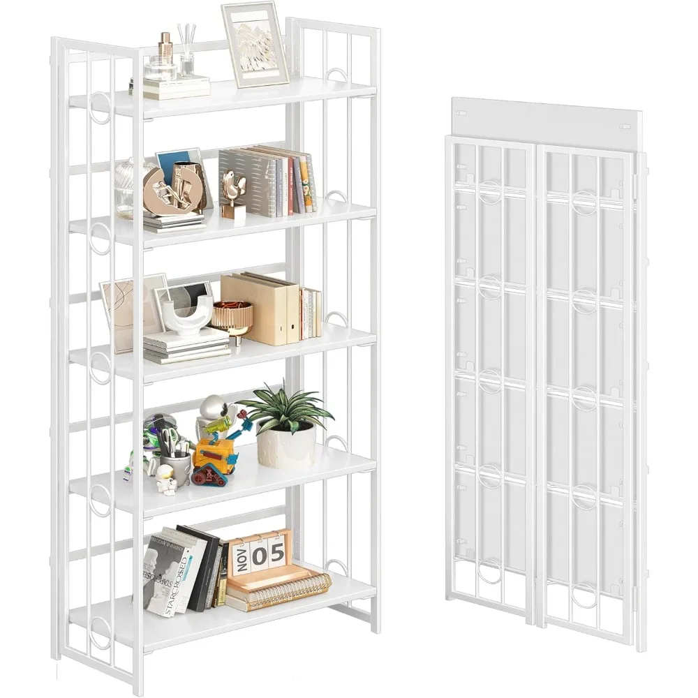 4NM No Assembly 5 Tiers Folding Bookshelf, 59.4 H Foldable Storage Shelves Vintage Bookcase Standing Racks Study Organizer Home