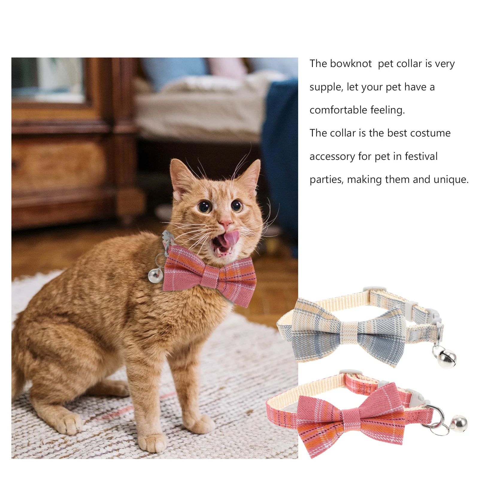 

2Pcs Pet Collar Cat Collar Bowknot Adjustable Decorative Bell Necklace Party Accessory Grid Pattern Holiday Decor
