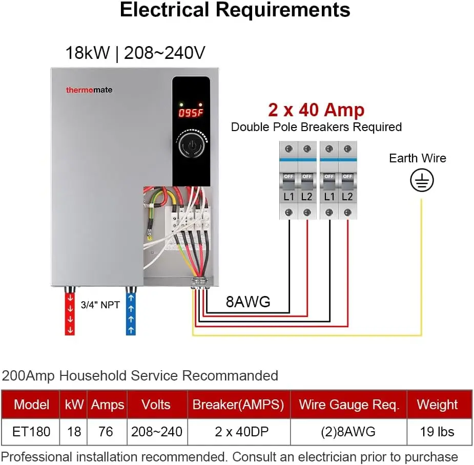 เครื่องทําน้ําอุ่นไฟฟ้า 18kW 208~240 โวลต์ เทอร์โมเมตตามความต้องการ เครื่องทําน้ําอุ่นน้ําร้อนไร้ที่สิ้นสุดทันที จอแสดงผลอุณหภูมิแบบดิจิตอล ง่าย