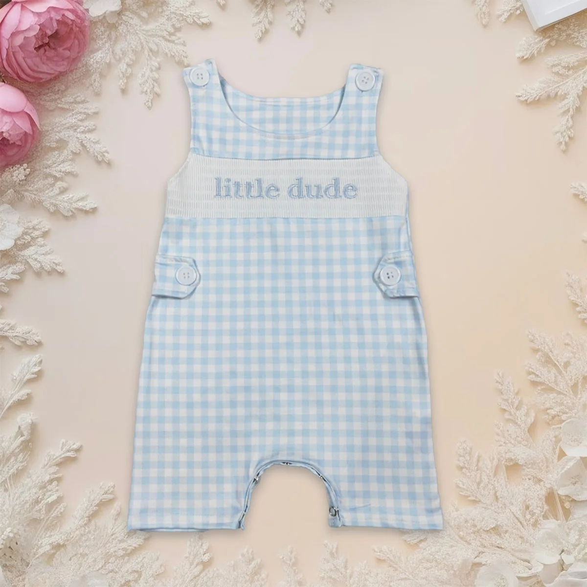 Newborn Baby Boy Sleeveless Smocked Little Dude Blue Plaid Bubble Romper Infant Bodysuit Toddler Jumpsuit Children Clothing