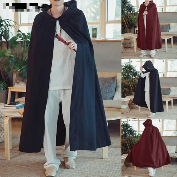 Heren Mode Renaissance Middeleeuwse Linnen Capuchon Mantels Losse Viking Cape Jas Effen Kleur Linnen Cardiagn Jas Vintage Cosplay