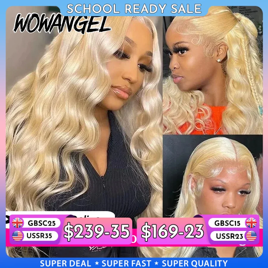 WowAngel-Perruque Brésilienne Naturelle avec Raie Profonde pour Femme, Cheveux Humains Blonds, Body Wave, 13x6, HD, #613