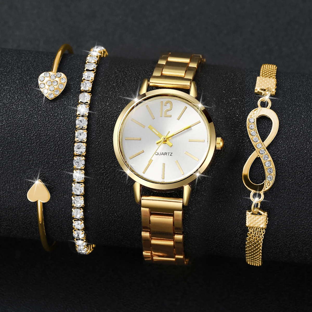 4PCS Women Watches Fashion Small Dial Ladies Quartz Watch Gold Steel Band Wristwatches Bracelets Set Reloj Mujer（Without Box）