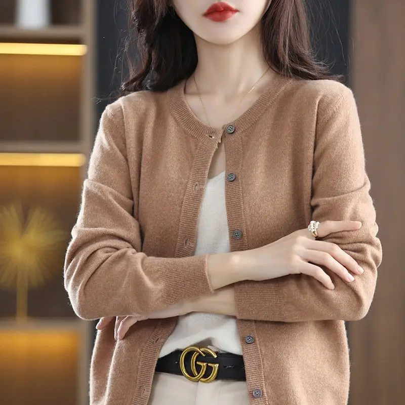 Spring Autumn New O-neck Ladies Cardigan All-match Temperament Loose Slim Sweater Knitting Women Clothes Solid Color Femme Coat