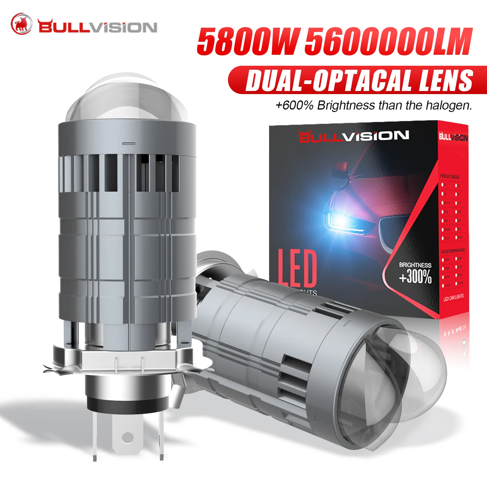 Bullvision H4 LED Headlight Bulb Projector Lens Canbus Super Bright LED 5800W 6500000LM 6000K Hi/Low Light Car&Motorcycle 12V