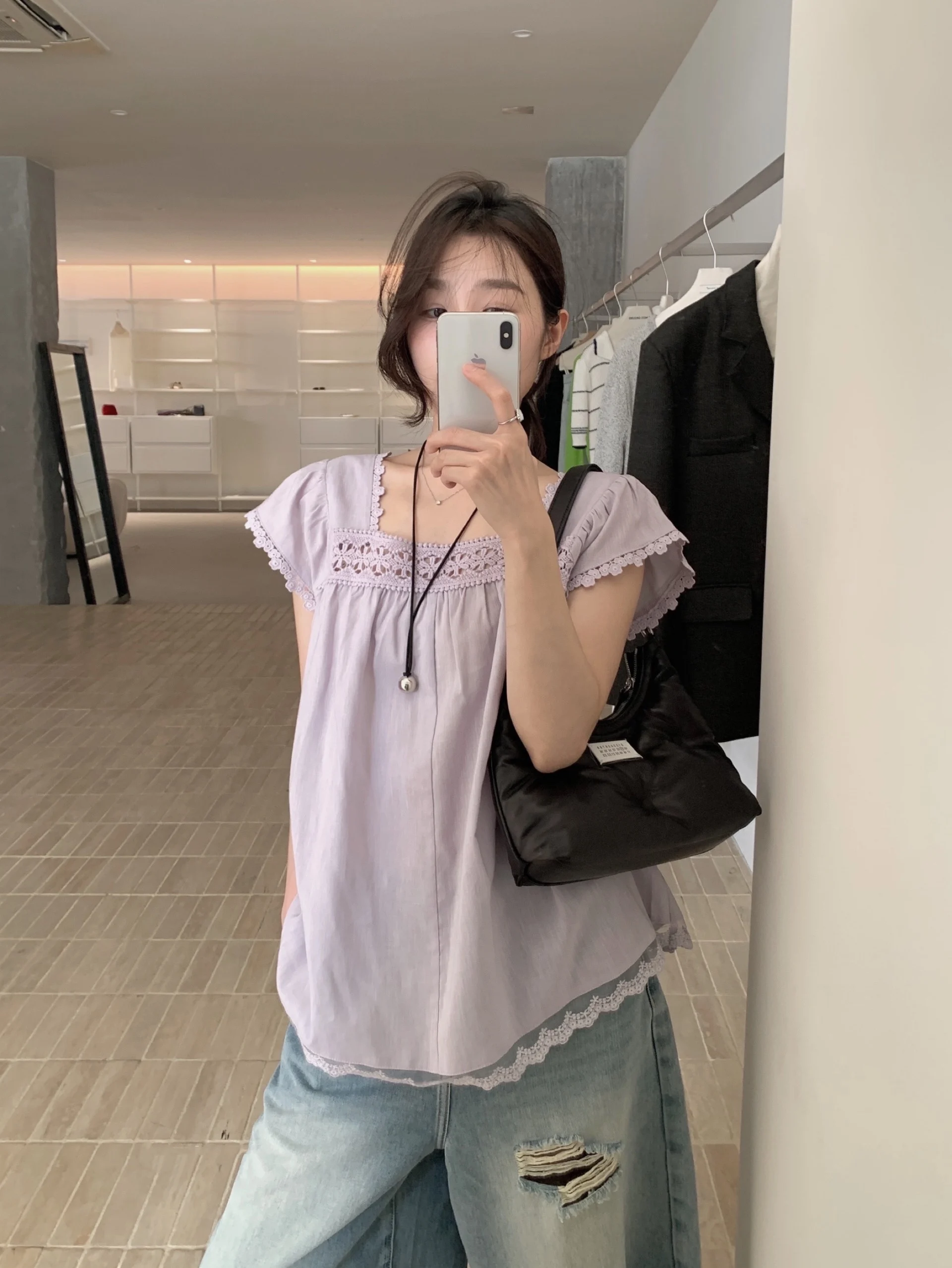 

Женская рубашка свободного кроя в стиле пэчворк с кружевной отделкой, шикарный квадратный воротник, утягивающий эффект, короткий рукав, хлопковая смесь, топ-принцесса