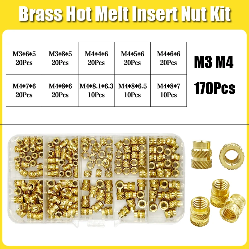 Messing-Einsatzmutter-Set mit Gewinde M2 M2,5 M3 M4 M5 M6 M8 Hot Melt Heat Rändel Embed Injection Kupfer-Einsatzmutter für 3D-Druck-Kunststoff