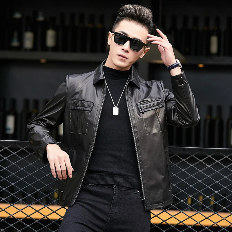 

New High Quality Genuine Leather Jacket Men Spring Autumn Real Sheepskin Coat Short Black Mens Motorcycle Jackets