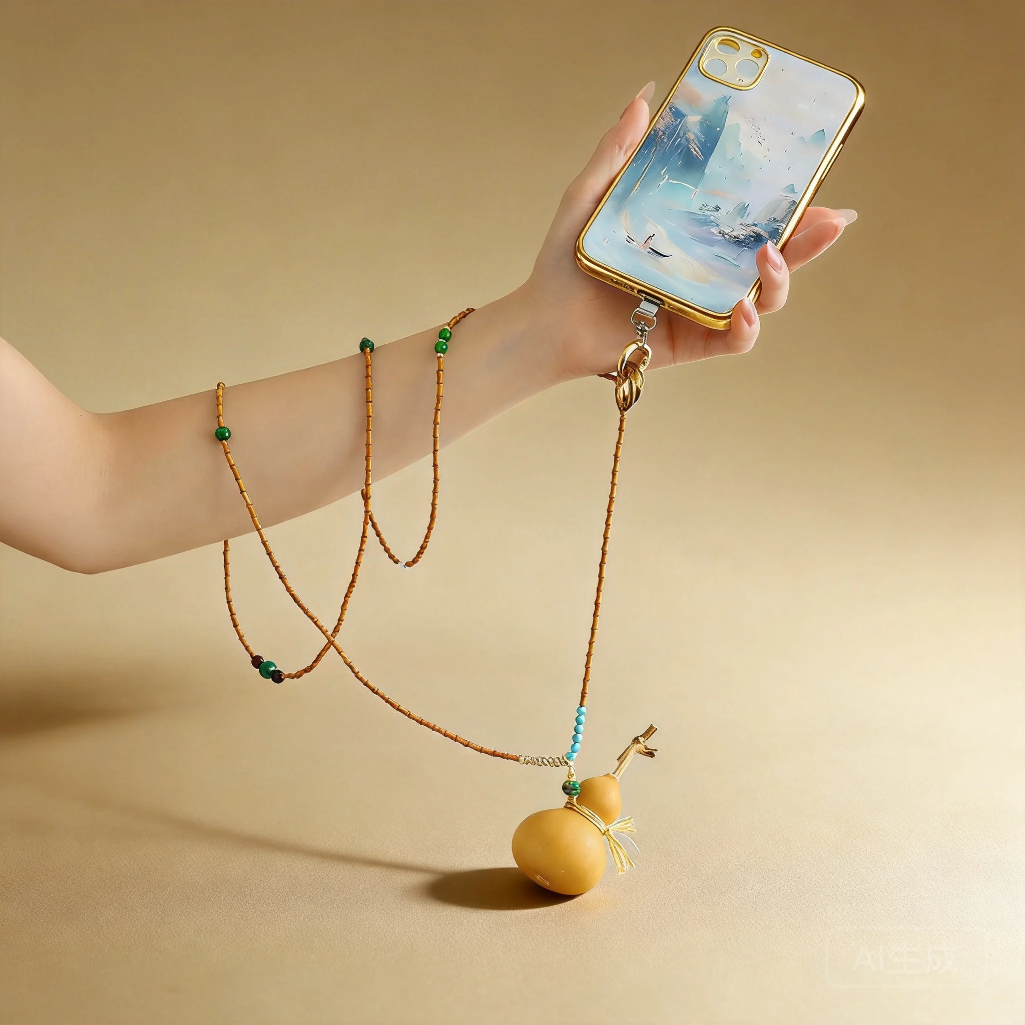 Chinese Style Auspicious Lucky Fortune Natural Olive Core Bamboo Knot Long Gourd Pendant Crossbody Anti Lost Phone Lanyard Neckl