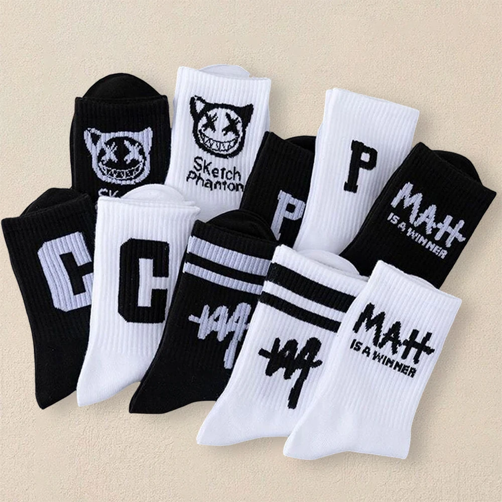 10 Pairs Men Letter Patterned Socks Creative Fashionable Versatile Trendy Socks Comfortable Lightweight Casual Mid Length Socks