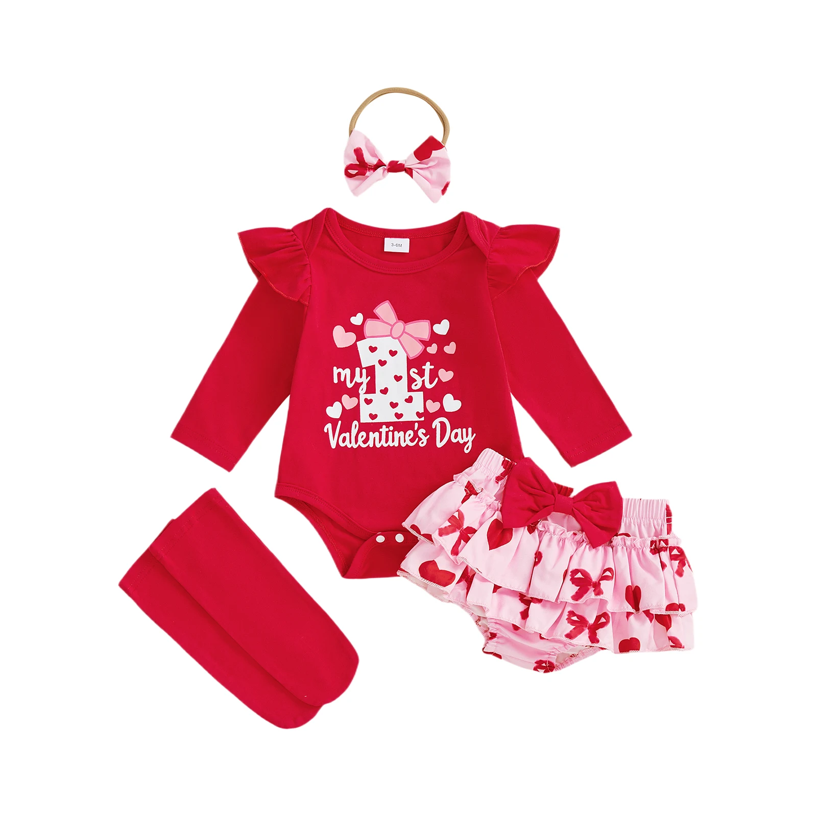

Baby Girl Valentines Day Outfit Fashionable Long Sleeve Letters Heart Printed Romper with Ruffle Skort, Headband and Stockings