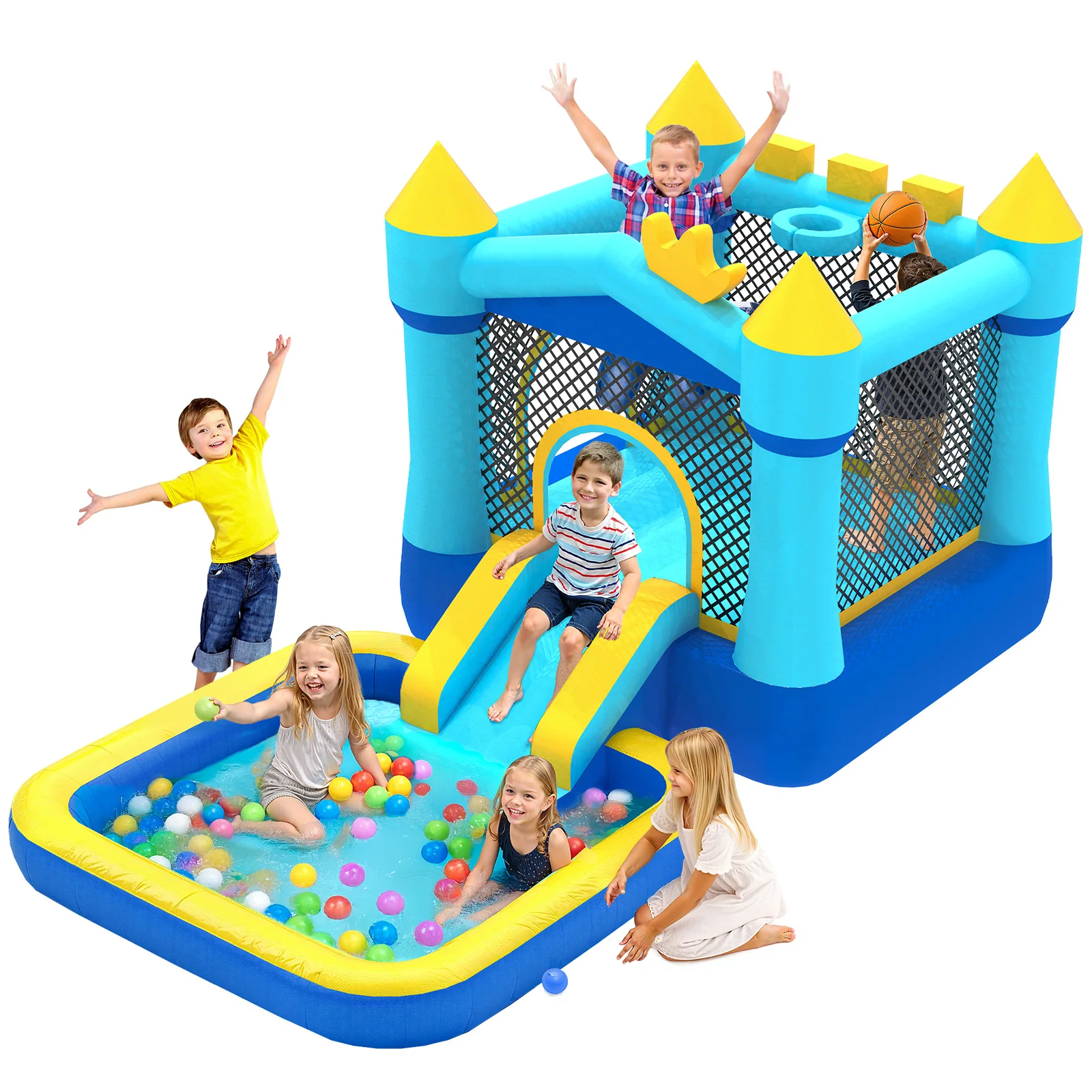 บ้านลมพร้อมสไลเดอร์ สระน้ำ และเครื่องเป่าลม บ้านลมขนาดใหญ่สำหรับเด็กอายุ 3-8 ปี ของขวัญสำหรับงานปาร์ตี้