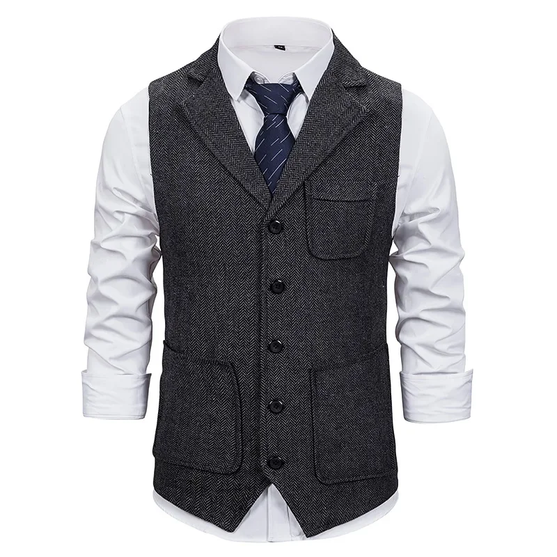 Men Suit Vest 2024 Fashion Korean  Multiple Pockets Herringbone Tweed Mens Waistcoat Formal Business Slim Fit Sleeveless Jacket