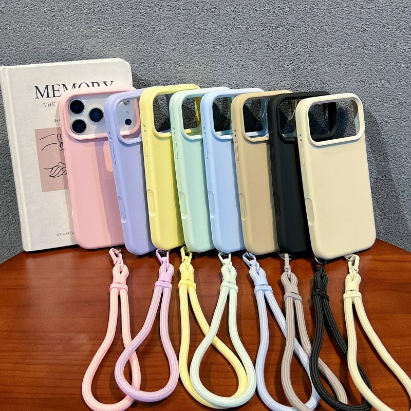 

Shockproof Soft Liquid Silicone Phone Case For iPhone 17 Pro Max 16 Pro with Lanyard Strap, Skin Fleece Protection Cover Funda