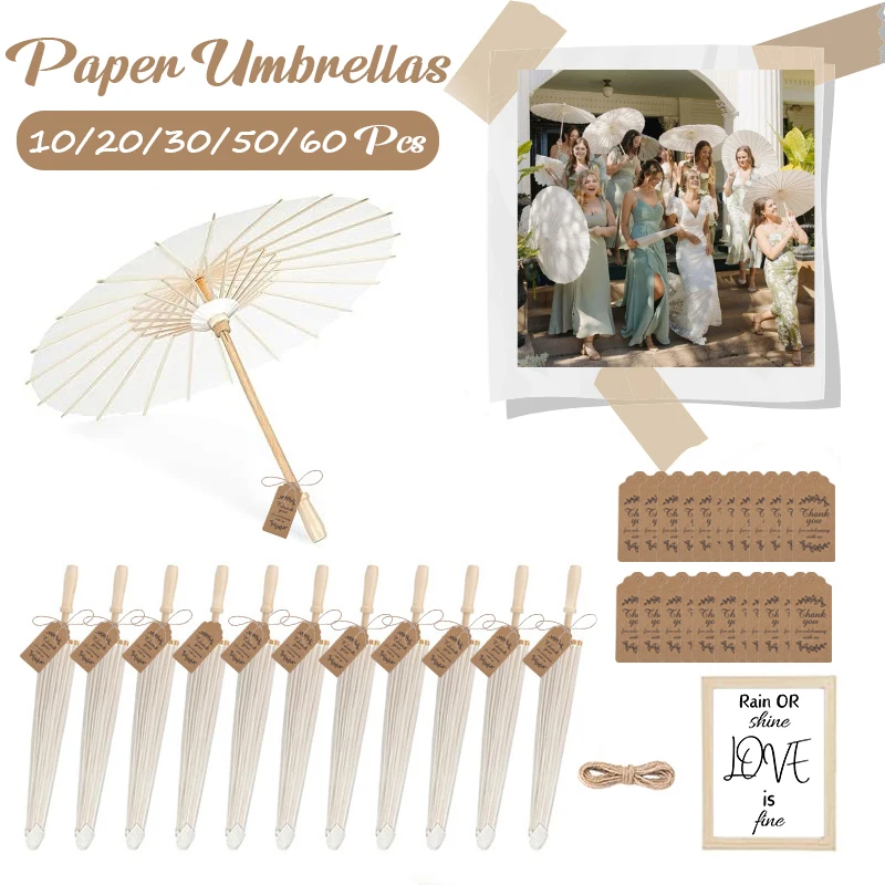 

10/20/30/50/60 шт. белых свадебных бумажных зонтиков для гостей, 60/84 см, с этикетками, солнцезащитные зонты, реквизит для фотосессий