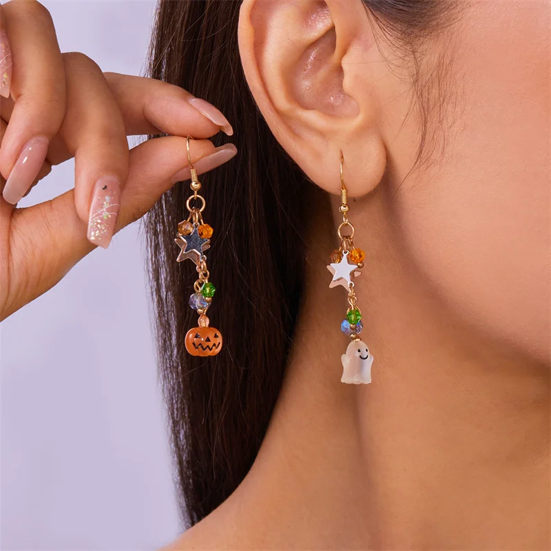 1Pair Halloween Cute Dangle Asymmetrical Earrings Cartoon Ghost Pumpkin Star Long Tassel Earrings For Women Party Jewelry Gift image 3