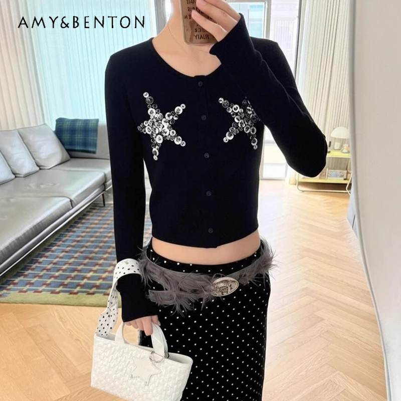 

Американский черный женский кардиган с длинным рукавом, весна-осень 2026, новинка, ручная работа, пуговицы-звездочки, приталенная базовая рубашка для женщин