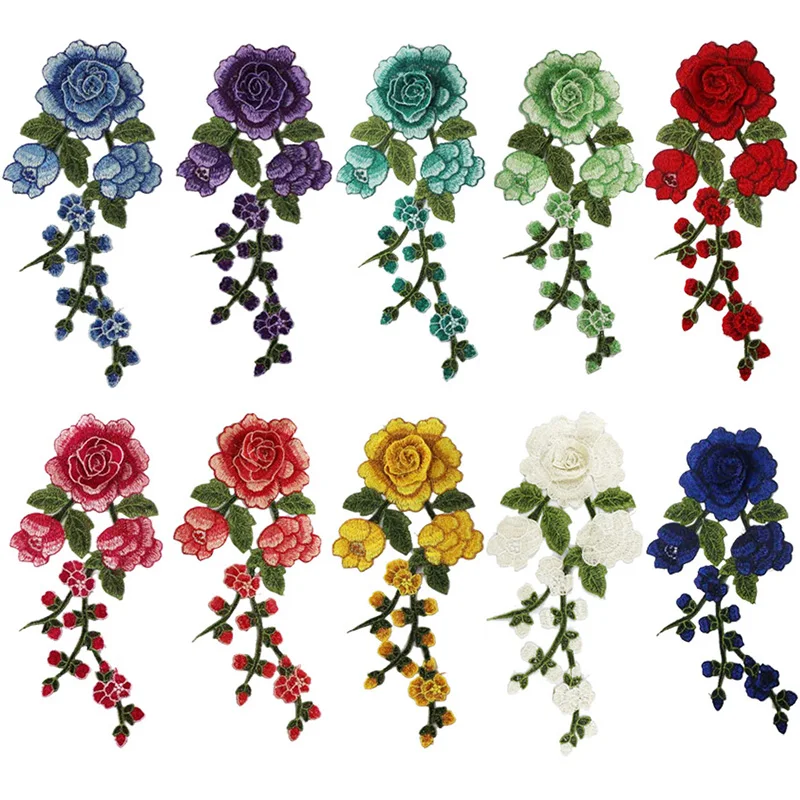 Polyester Embroidered Rose Flower Patterns Patches Sew On Clothes Dress Badge Fabric Stitch Repair Sticker Applique Accessories