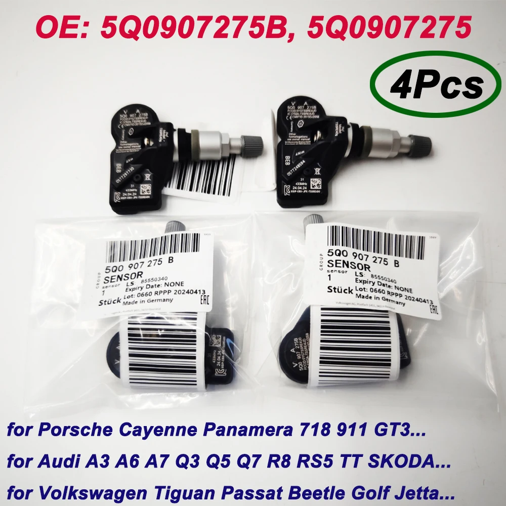 Sensor de presión de neumáticos, dispositivo TPMS para Audi Skoda A3 A7 Porsche 433 718 Cayenne VW Tiguan Passat Golf, 4 piezas OE 5Q0907275B 5Q0907275 911 Mhz