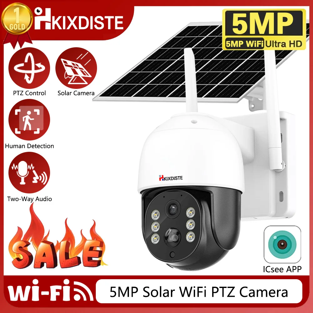 

5MP PTZ Solar Power IP WiFi Camera Outdoor IP66 Waterproof Built-in Battery Surveillance Cam PIR Human Detection ICsee Audio PTZ