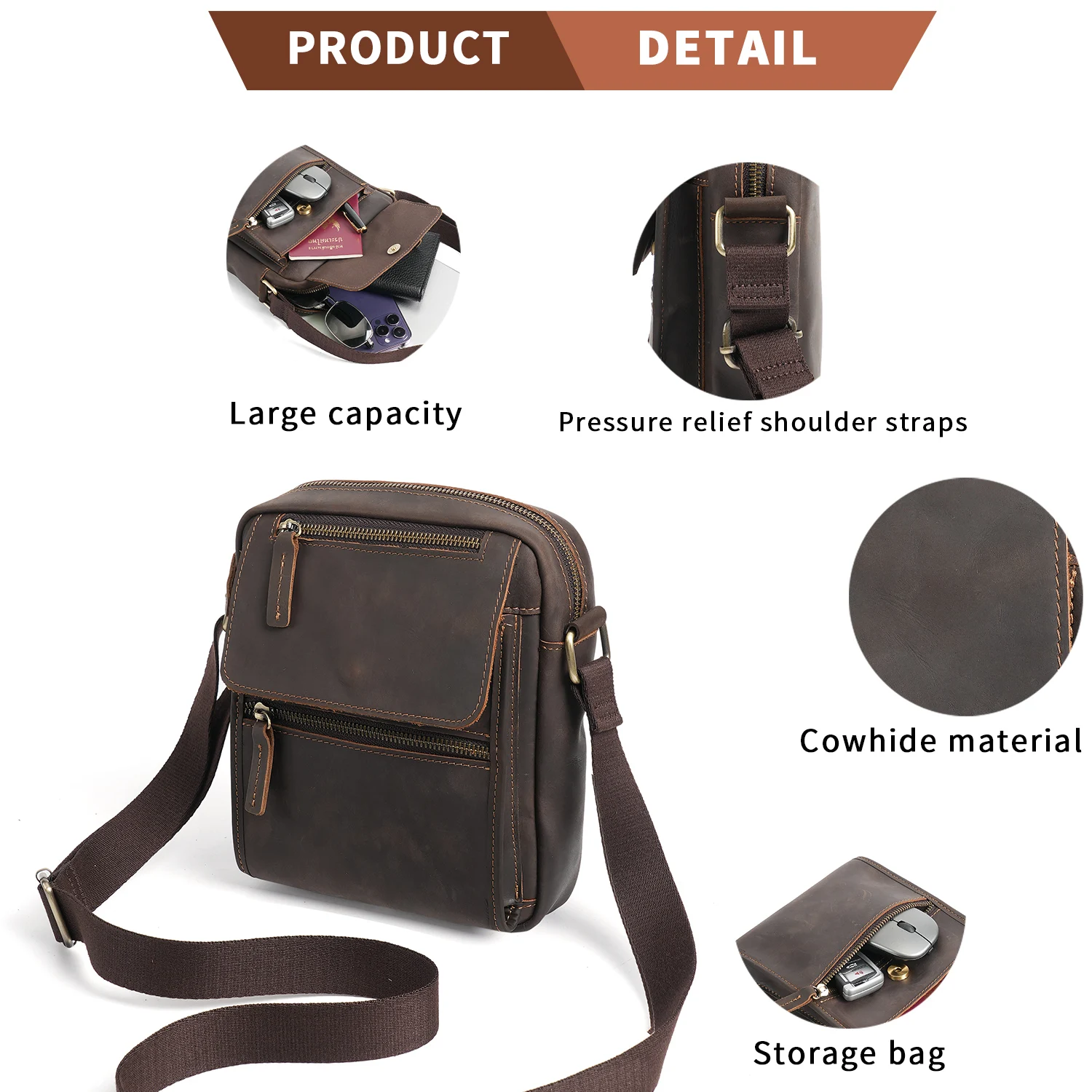 YATBEST Men's Crossbody Bag Large Capacity Multi Pocket Leather Single Shoulder Crossbody Bag Commuter Retro Travel Bag