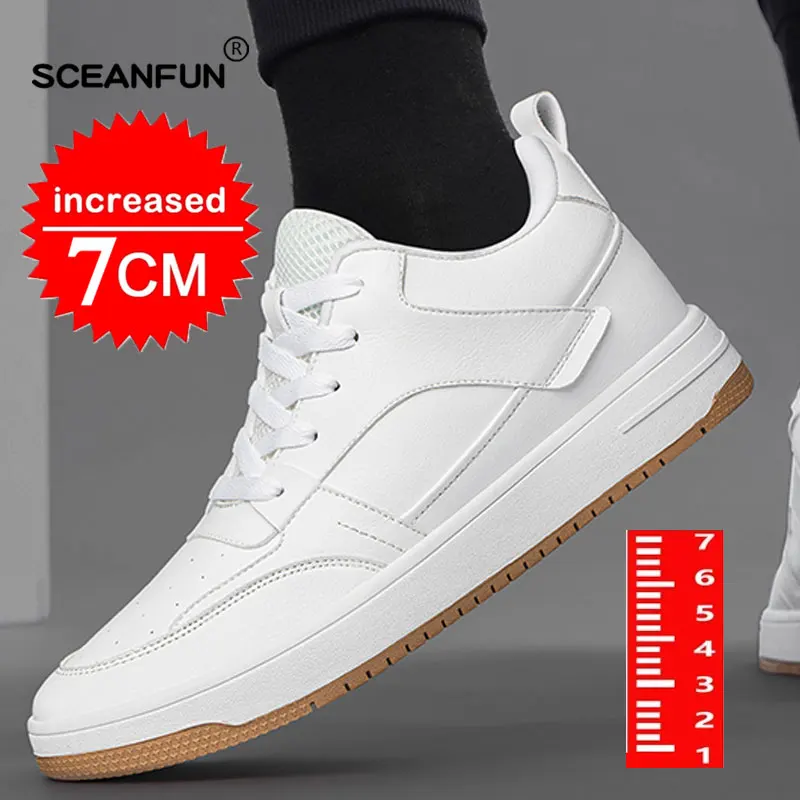 Tênis de couro genuíno para homens, calçados esportivos, palmilhas respiráveis, altura crescente sapatos, tênis designer, alta qualidade, 6/8 cm