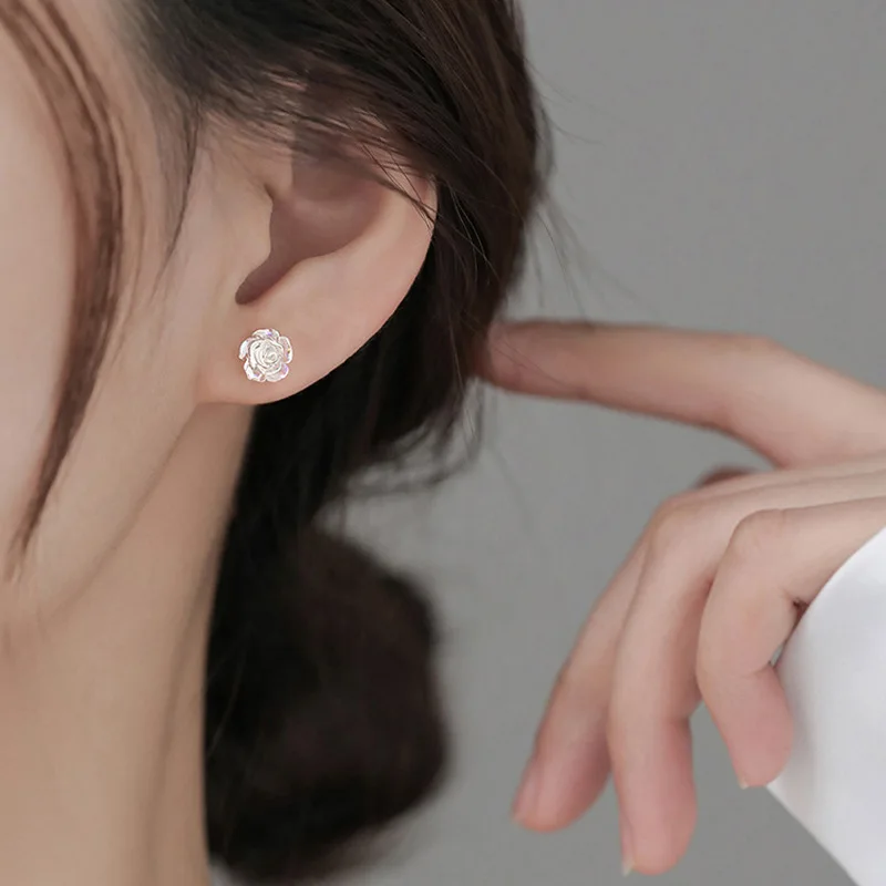 Sweet Rose Stud Earrings for Women Girl Cute Small Flower Stud Earring Korean Fashion 3-Color Trendy Jewelry Gift