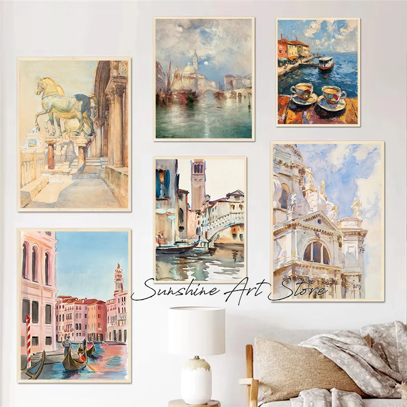 Grand Canal in Venice Ancient Architecture Watercolors Painting Vintage Venice Oil Painting Poster Canvas Art Wall Picture Decor
