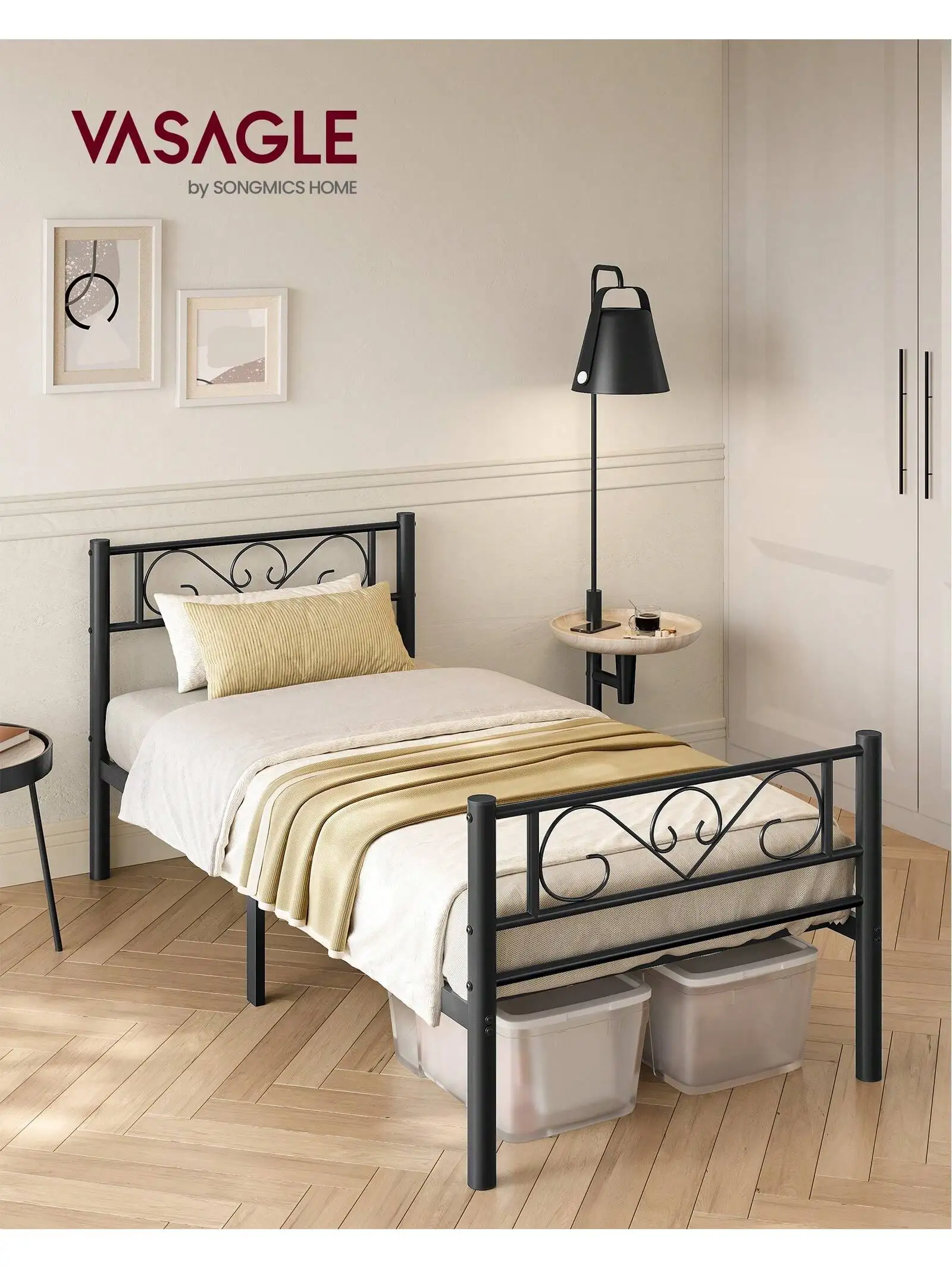 Struttura del letto singolo in metallo VASAGLE per materasso 90x190 cm, facile montaggio, ideale per piccoli spazi, camera degli ospiti, finitura nera.