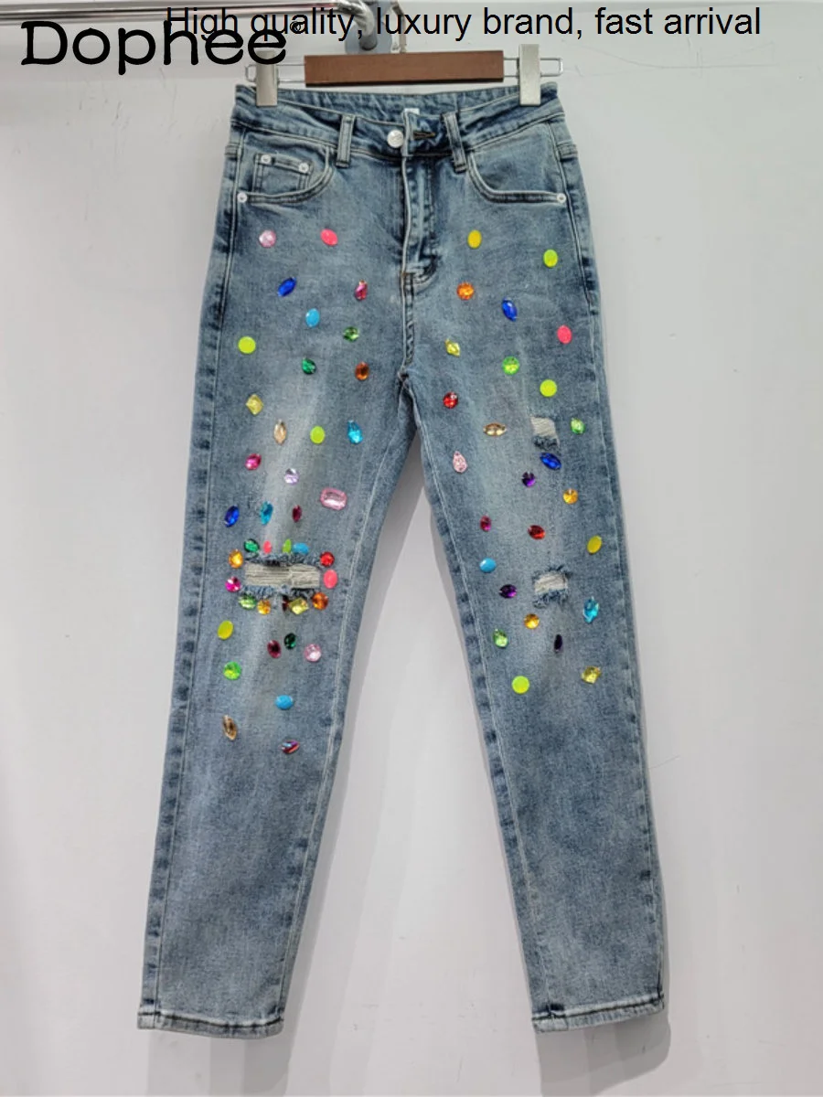 

Industry Ripped Heavy Diamond Colorful Crystals High Waist Jeans Stretch Slimming Cropped Pants Women's 2023 Spring New Trousers