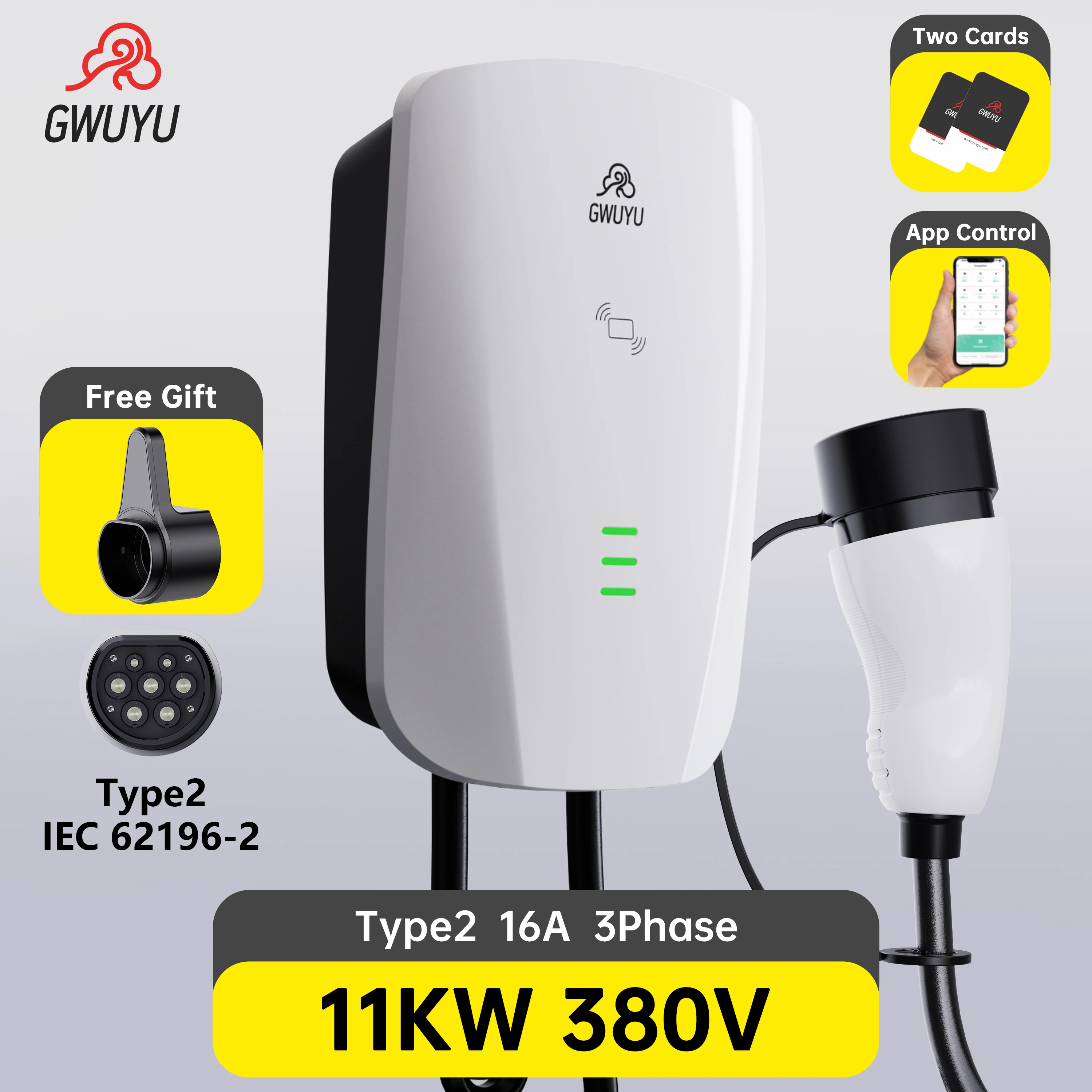 EVSE Wallbox Charging Station Type2 IEC62196-2 Socket 1Phase 7KW 3Phase 11KW EV Charger with APP Control for Electric Vehicle