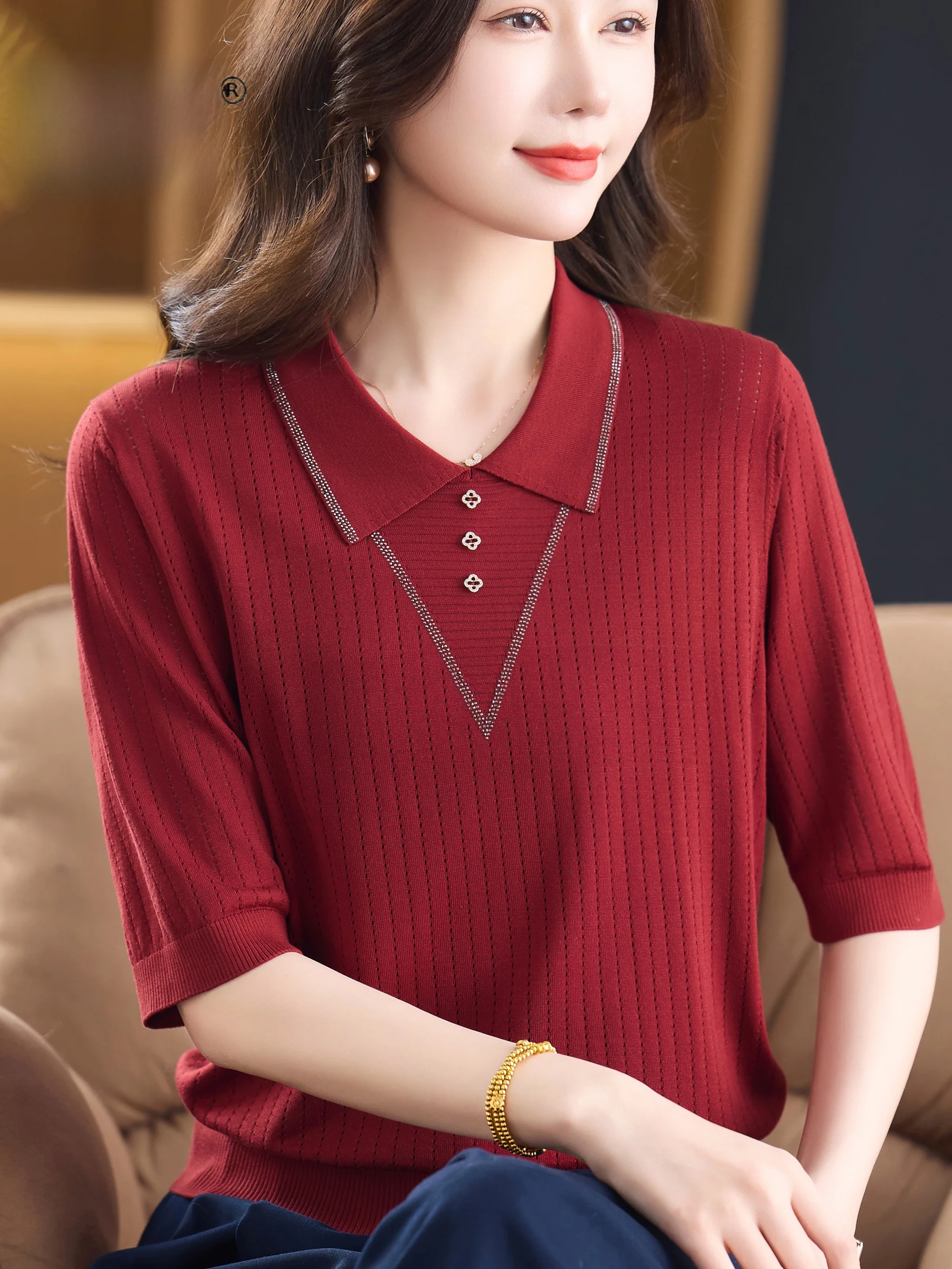 

Spring Summer Loose Fit Short Sleeve Knitted Ice Silk T-Shirt Overhead Fashionable Mom Top Slimming Turn-down Collar Top