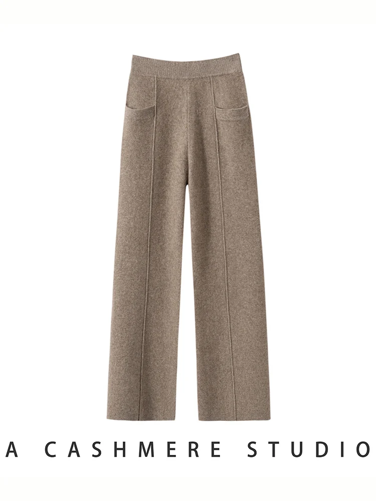 TLOML Women’s 100% Cashmere Knitwear Pocket Mid Seam Straight Leg Pants Autumn Winter Casual Soft Heavyweight Cashmere Trouser