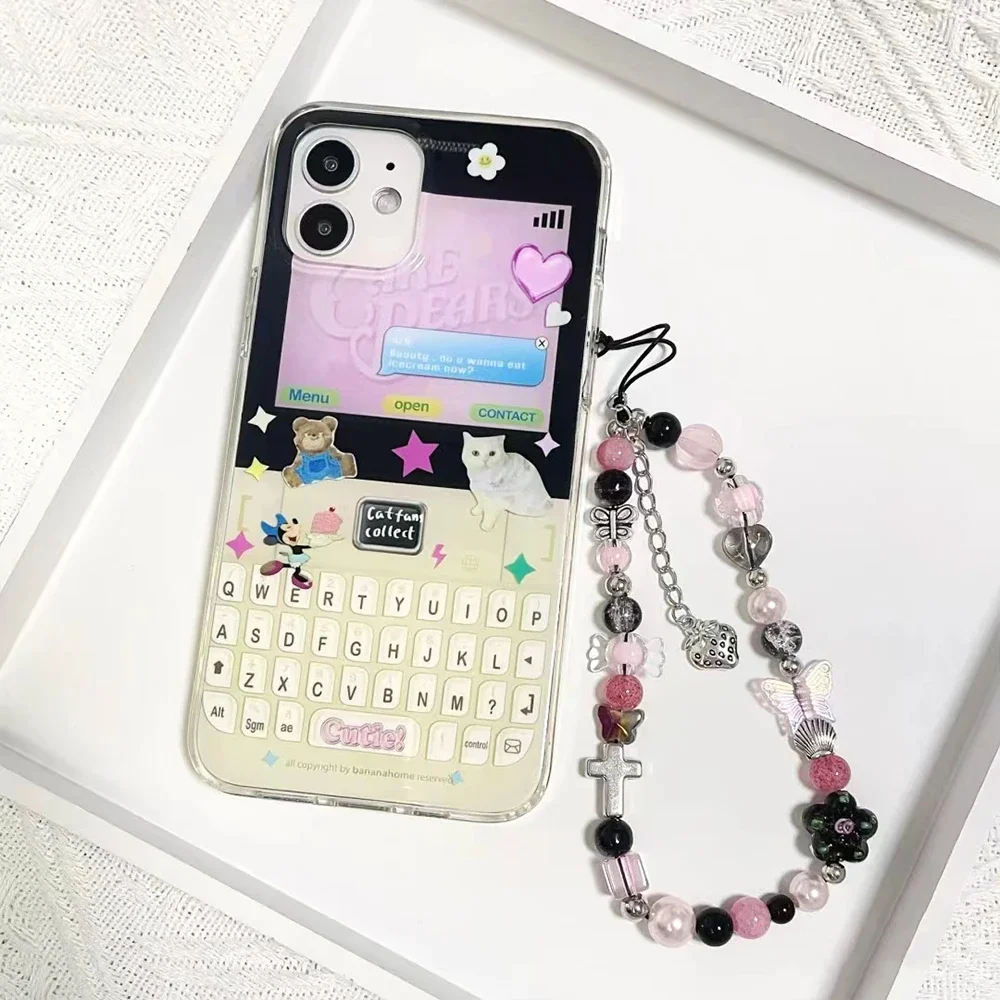 Korea Y2K Pink Beaded Flower Candy Butterfly Bracelet Phone Chain Pendant For iPhone Universal Accessories Chain Stylish Jewelry