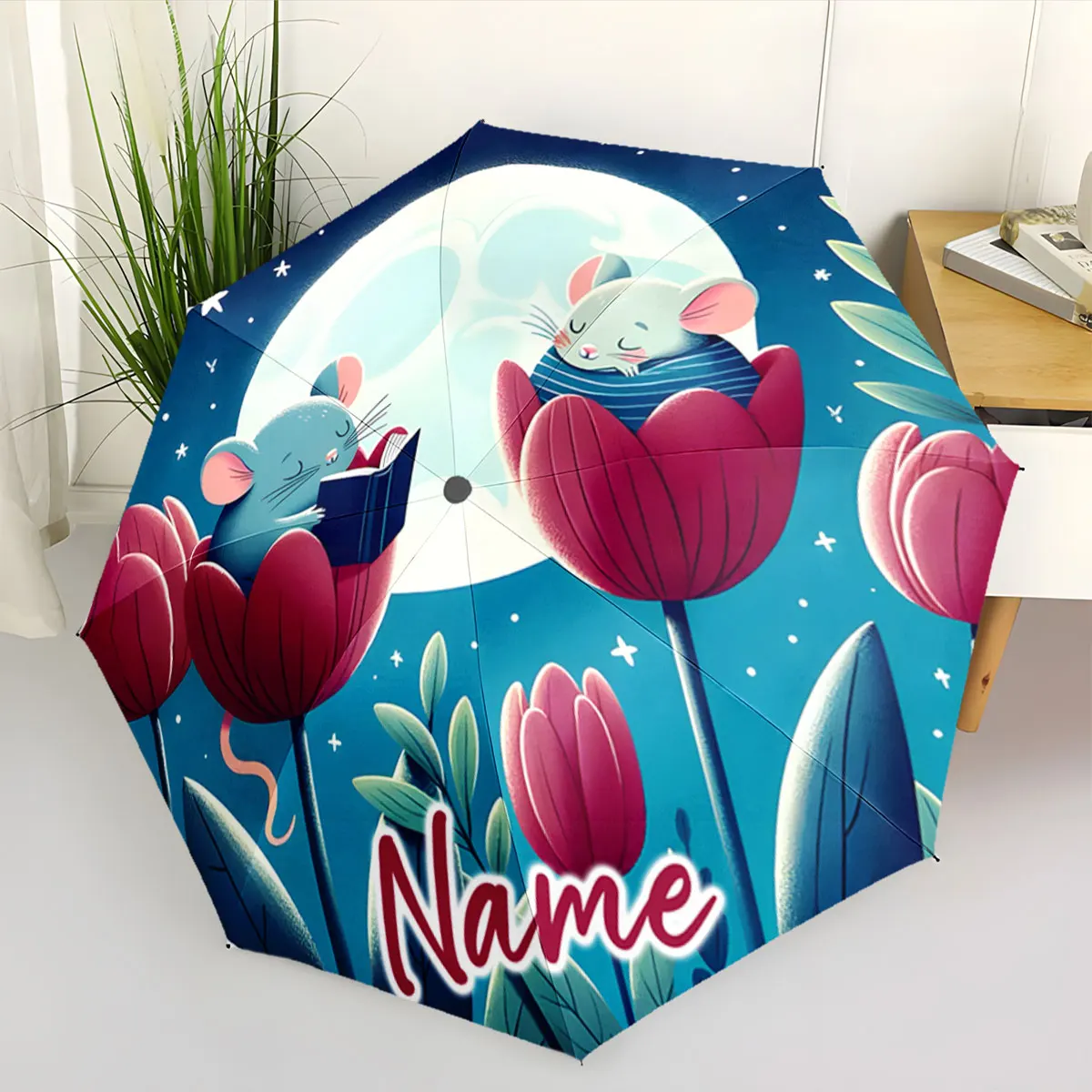 Custom Name Umbrella Mouse Reading in Moonlit Tulips Print 8 Iron Ribs Folding Umbrella Auto-Open Fashion Sunshade