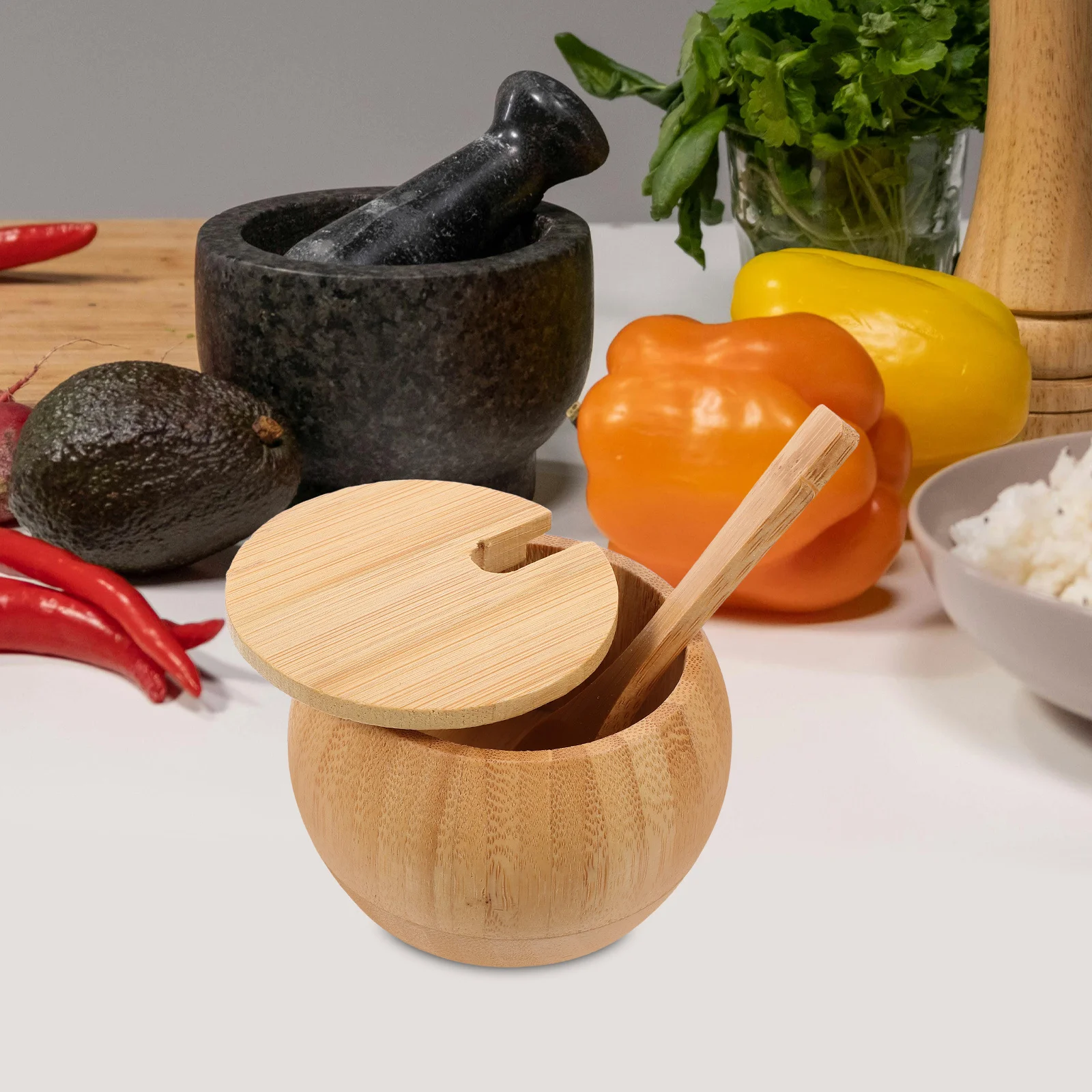 

Bamboo Seasoning Jar Ecofriendly Bamboo Spice Box with Lid and Spoon Moistureresistant Portable for Kitchen Countertop