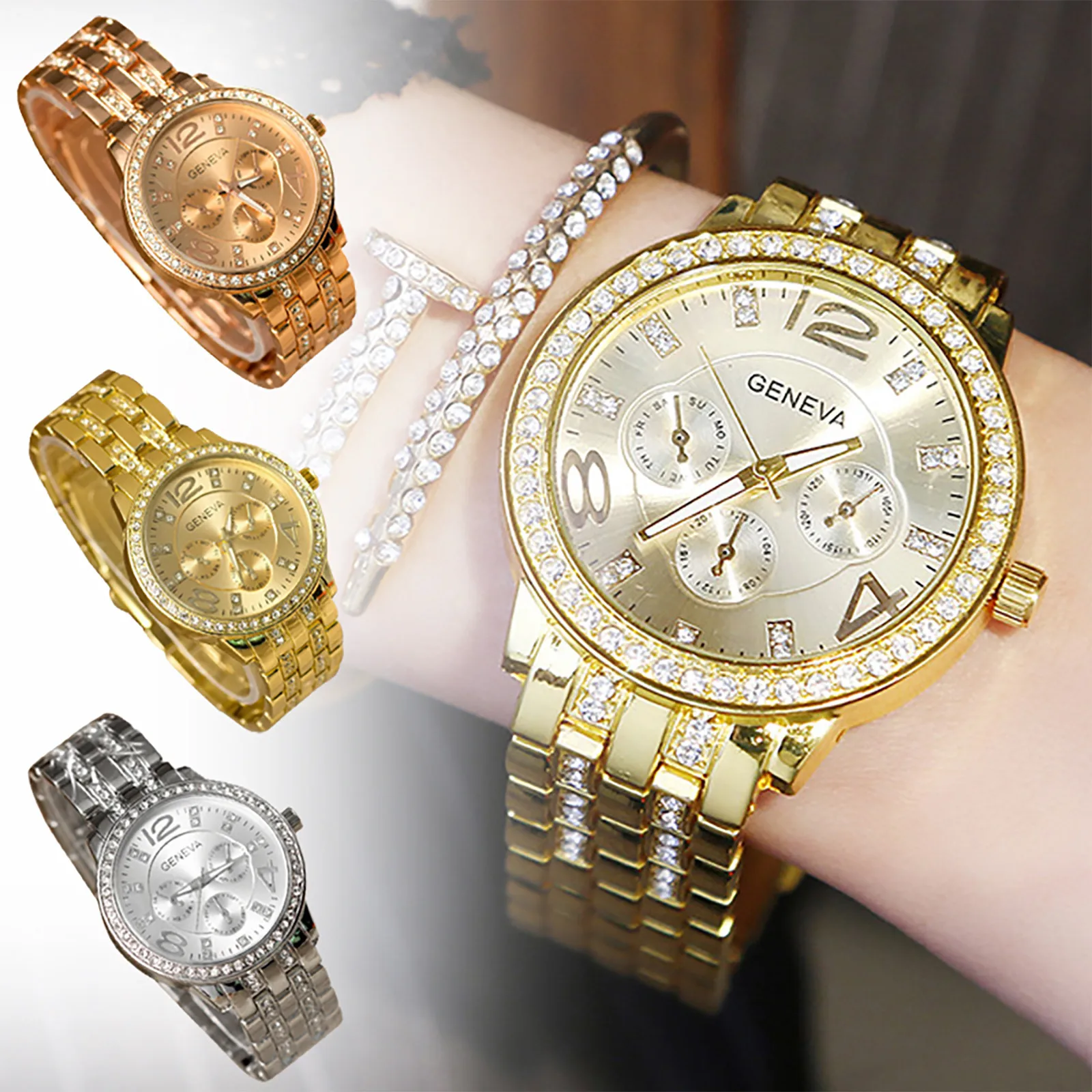 

New Fashion Women'S Watch Exquisite Diamond Inlaid Quartz Watch Three-Eye Dial Stainless Steel Band Wrist Watch Relogio