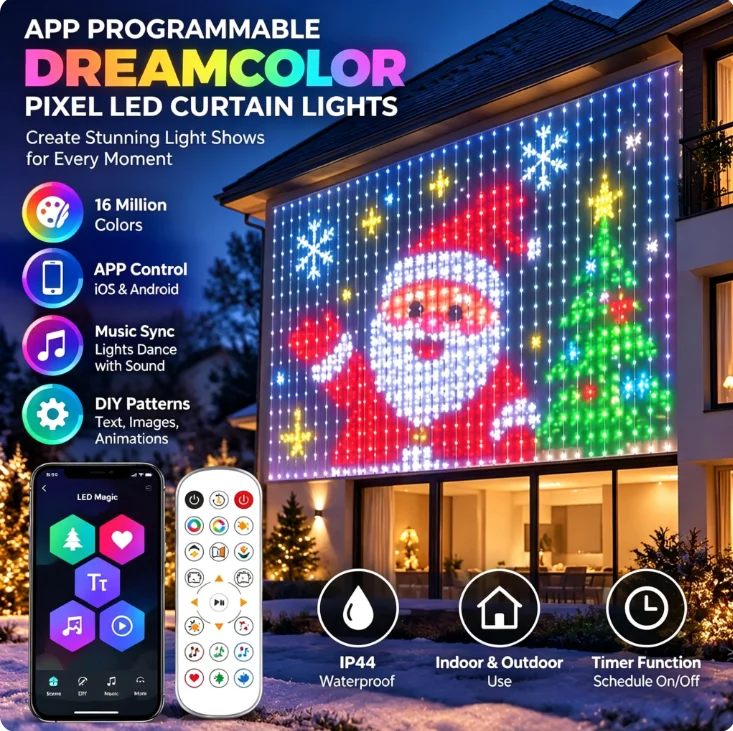 APP Programmable Dreamcolor Pixel LED Curtain Lights, DIY Leather Wire Smart Fairy String Light Ambient Lighting for Window Bedroom Festival Decor