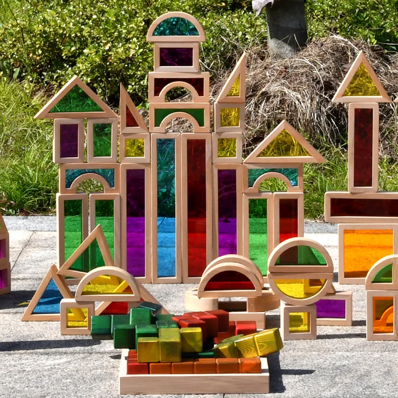 Children's wooden large beech acrylic translucent geometric building block