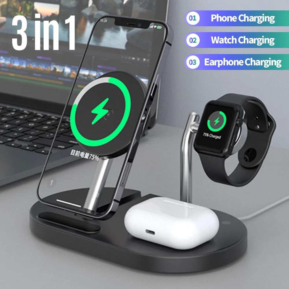 

3 in 1 Magnetic Wireless Charger For iPhone 14 13 12 Pro Max Magsafe Fast Charging Dock Station For Apple Watch 7 6 Airpods Pro3