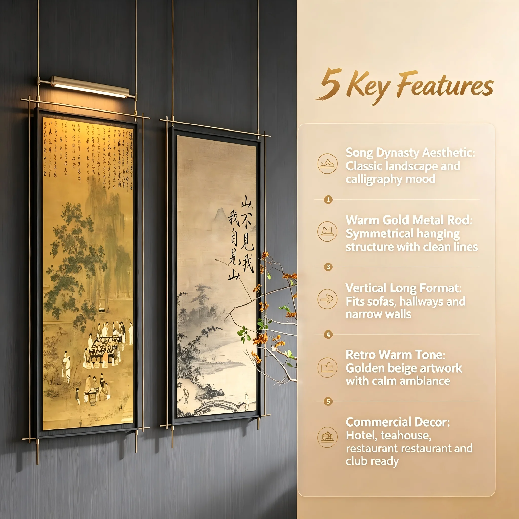 Vintage Chinese Calligraphy Canvas Wall Art Set Oriental Mountain River Landscape Painting Wabi-Sabi Zen Decor for Teahouse Bedr