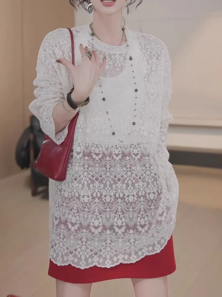 

Lightweight Breathable Long Sve Lace Embroidery Design Summer Sun Protection irt round Ne Overhead Top Women's Faion