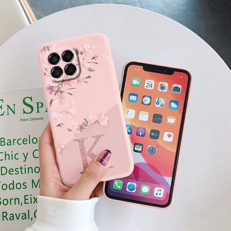 Initial Letter A Z Case For Samsung Galaxy M33 M53 M13 M14 5G Cover Pink Flowers Soft Silicone Back Fundas Shell  Coque Bumper