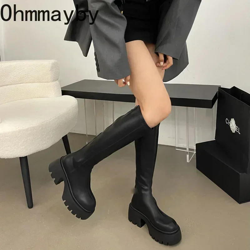 Winter High Boots For Women Fashion Back Zippers Long Boots Female Elegant Platform Thick Bottom Women\'s Knight Botties