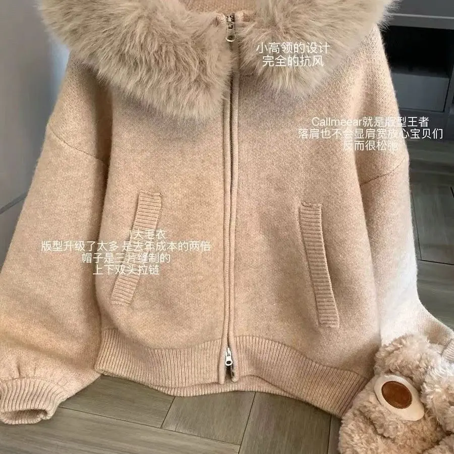 

Новая мода меховое лоскутное пальто с капюшоном женское осенне-зимнее повседневное свободный свитер на молнии куртка карман вязаный кардиган топ