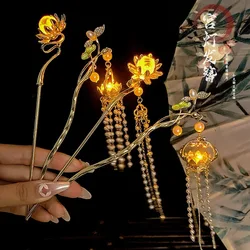 Chinese Lantern Hairpin LED Light Hair Stick For Women Retro Lotus Flower Tassel Hair Clasp Vintage Han Costume Hair Bun Jewelry