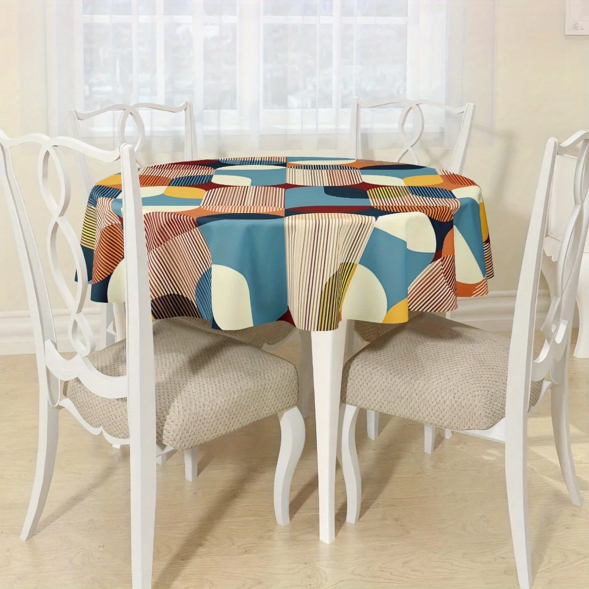 One Nordic-style geometric design tablecloth - bright blue, orange and beige rectangular shape