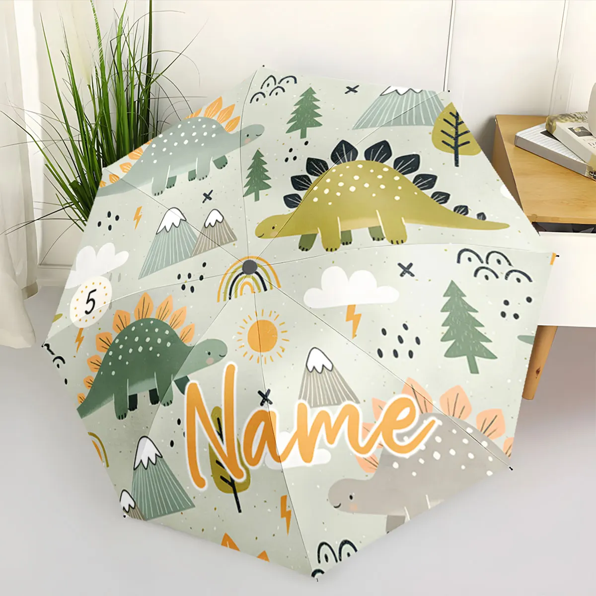 Custom Name Dinosaur-Themed Umbrella with Cute Patterns Print 8 Iron Ribs Folding Umbrella, Auto-Open Fashion Sunshade