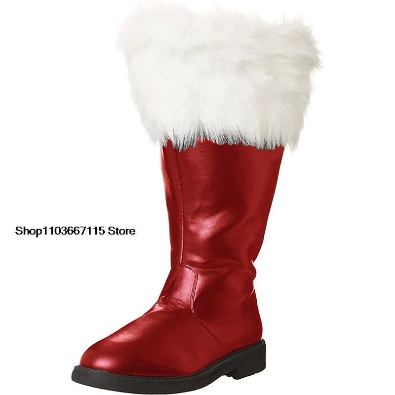 Christmas Santa Claus Boots Men's Cosplay Black Leather Shoes White Plush Cuffs Foot Halloween Christmas Winter Boots